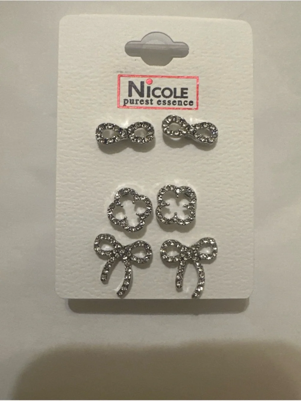 Nicole Kids Silver Rhinestone Stud Earring Set - Infinity, clover & Bow